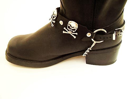 Dangerous Threads Biker Boots Boot Chains Black Leather With Skull & Crossbones Ornaments #TOP1