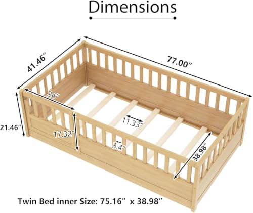 Image of Bellemave Twin Kids Montessori Floor Bed Frame with Slats,Natural