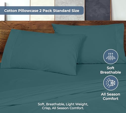 Image of ROYALE LINENS 100% Organic Cotton Percale Pillowcases Set of 2 - Standard Size Percale Pillowcase - Standard Set of 2 Pillow Cover - Breathable, Cool & Crisp Pillow Cases (20 inchx26 inch, Teal)