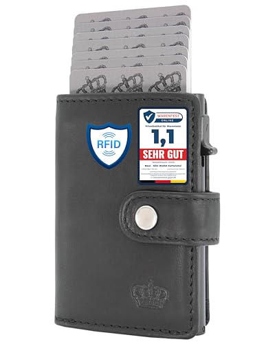 BAUR Slim Wallet mit Münzfach I Echtleder Kreditkartenetui für Herren I Aluminium Pop-Up Case mit RFID-Schutz I Smart Wallet I Kleine Geldbörse (Münzfach mit Reißverschluss, Schwarz)