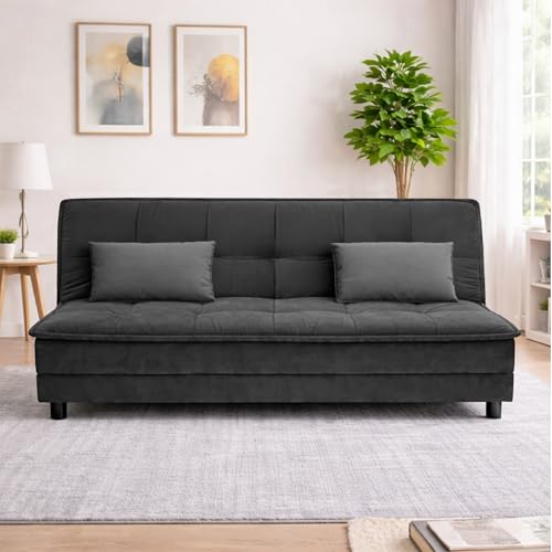 Image of Wooden 3 Seater Sofa Cum Bed | Soft Velvet Upholstery | Multi-Functional Convertible Couch for Living Room, Guest Room & Small Spaces - Black
