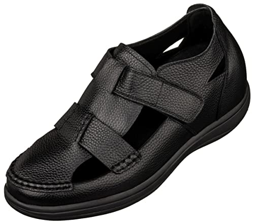 CALTO Men's Invisible Height Increasing Elevator Shoes - Black Premium Leather Lightweight Casual Fisherman Sandals - 3.2 Inches Taller - K2661 - Size 10 D(M) US