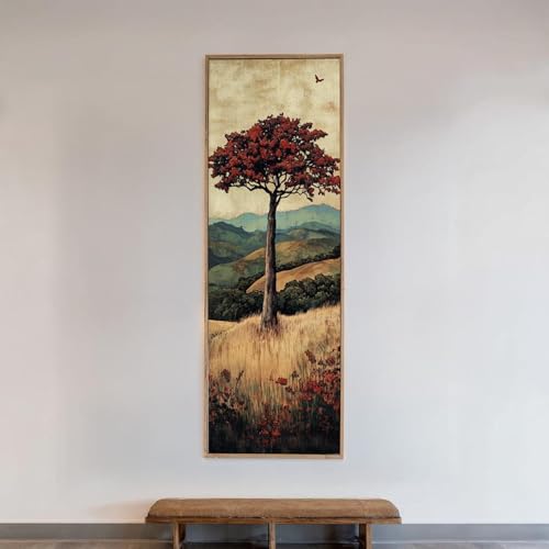 Décoration murale bohème tableau vertical arbre solitaire terre de Sienne