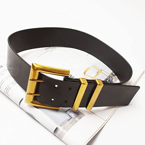 Women Wide Waist Belt Double Grommet With Gold Buckle Thick Leather Belt Cinch Retro Waistband Black,2.2" x 39.7"4