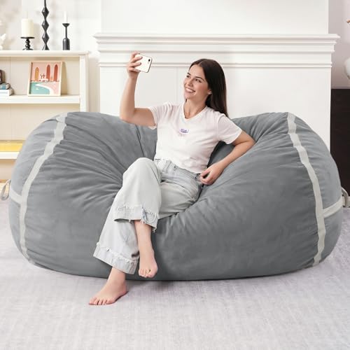 Image of 5FT Bean Bag Chair 5'Giant Bean Bag Chairs with Adults, Large Beanbag Chair | Bean bag Lounger with Machine Washable Cover Dutch Velvet Fabric, Comfy Chairs for Living Room, Bedroom, Dorm, Lightgrey