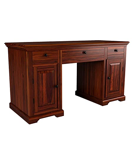 Image of Solid Sheesham Wood Study and Writing Tables with 3 Drawer for Living Room Study Room Hall Home Office | Wooden Computer Laptop Table | Natural Brown Finish