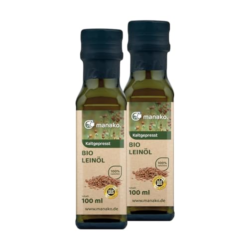 manako BIO Leinöl human, kaltgepresst und 100% rein, 2 x 100 ml Glasflaschen