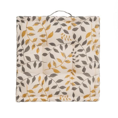 LOLAhome Cojín de Suelo con Hojas Gris de Tela de algodón Natural de 45x10x45 cm