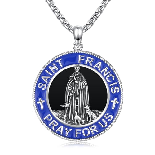 TwoAnts St Francis Medal Necklace 925 Sterling Silver St Francis of Assisi Pendant Necklace Patron Saint Medallion Protection Necklace Jewelry Religious Gifts for Men Women