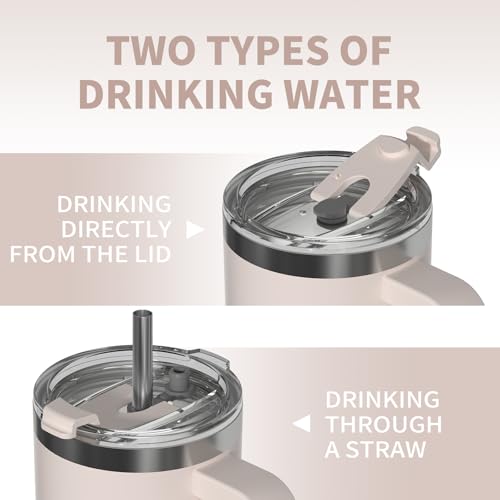 Image of 30 oz Tumbler with Handle,Tumbler with Lid and Straw,Double Wall Insulated Cup Stainless Steel Travel Mug(Cold for 34 Hours),Water Bottle for Iced Tea,Coffee,Cold Beverages(Ivory Beige)