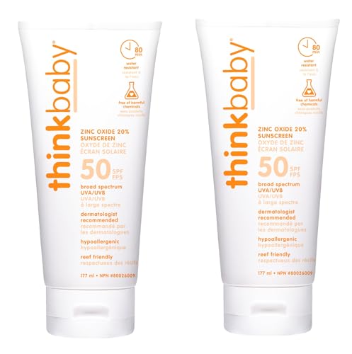 Thinkbaby SPF 50 plus Baby Mineral Sunscreen – Safe, Natural Sunblock for Babies - Water Resistant Sun Cream – Broad Spectrum Sun Protection – Vegan Baby Sunscreen Lotion, 6 Oz. Pack of 2