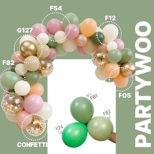 Image of PartyWoo Pink and Green Balloons 65pcs 12 Inch Metallic Gold Sand White Sage Green Nude Dusty Pink Gold Confetti Balloons for Baby Shower Wedding Engagement Princess Birthday Party Decorations