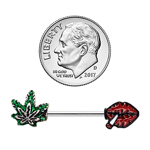 Pierce2Go 14G Nipple Piercing Surgical Stainless-Steel Set Of 2 Barbell Marijuana Weed Leaf And Lips Smoking Cute Nipple Rings Nipple Piercing Jewelry For Women - 9/16" Barbell (Green) #TOP4