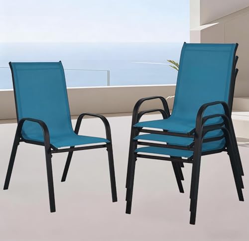 YLGJ&TIDY Lot de 4 Chaises de Jardin Extérieur Empilables, Textilène Haute Densité, Chaises de Salle à Manger à Dossier Haut pour Jardin, Restaurant, Pelouse, Confortables et Design (Bleu)
