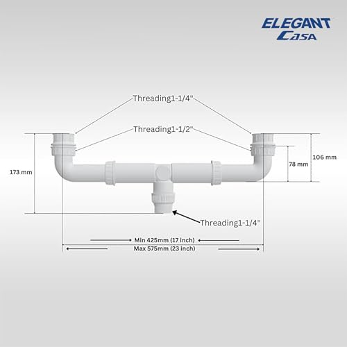 Image of ELEGANT CASA Double Bowl Sink Plastic Drain Out Pipe - White - Polypropylene - Adjustable Length 575mm (23'') - 425mm (17'') & Thread 40mm (1-1 /2″) & 32mm (1-1 /4″)