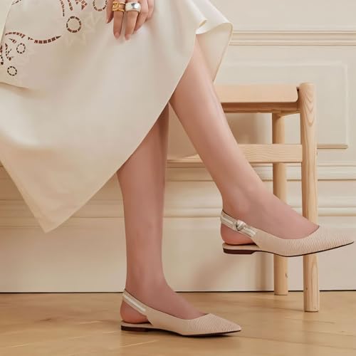 Mattiventon Slingback Flats for Women Slip On Ballet Flats Shoes Comfortable Pointed Toe Knit Flats with Bow Casual Work Office Shoes for 2025 Apricot 5