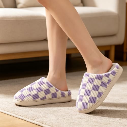 Image of Checkered Slippers for Women and Men - Fuzzy House Slippers with Memory Foam, Comfy Plush Fluffy Indoor House Shoes, Cozy Warm Slip on Bedroom Slippers with Non-Slip Sole