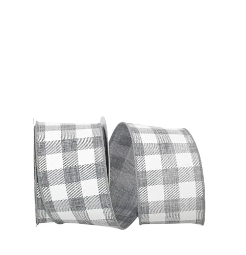 Reliant Ribbon Gingham Print Linen Wired Edge Rd Ribbon, 2-1/2 Inch X 10 Yards, Grey