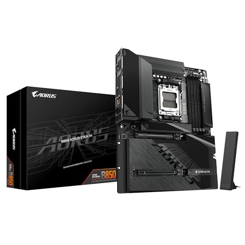 GIGABYTE B850 AORUS Stealth Carte Mère – Processeurs AMD Ryzen 9000 Series, VRM numérique 14+2+2 Phases, Jusqu’à 8200 MHz DDR5 (O.C.), 2× M.2 PCIe 5.0 + 2× M.2 PCIe 4.0, Wi-FI 7, LAN 5 GbE