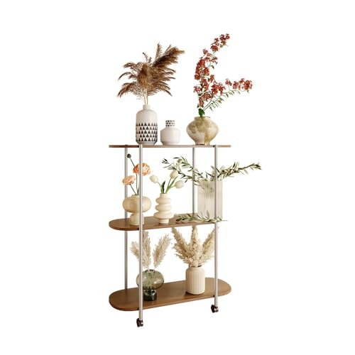 JUNENTER 3段メタルプラントスタンド 屋内用 メタルウッドプラントスタンド 車輪付き 植物複数用 高さ41インチ コーナーフラワープラントシェルフ パティオ リビングルーム 寝室 バルコニー ガーデン用