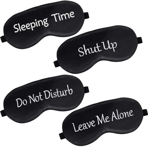 Geyoga 4 Pieces Funny Eye Mask for Sleep Soft Satin Eye Mask Blackout Blindfold with Adjustable Strap Silk Cover Out Lights for Women Men Travel, Nap, Meditation (Black with Black Words)