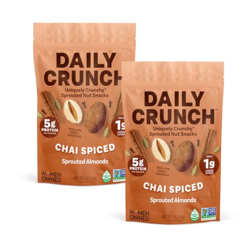 Image of Daily Crunch Sprouted Almonds and Dehydrated nuts for a Unique Crunch, Keto Friendly, Non-GMO Zero Seed Oils, Gluten Free 4oz (2 Pack, Spiced Chai Pear)