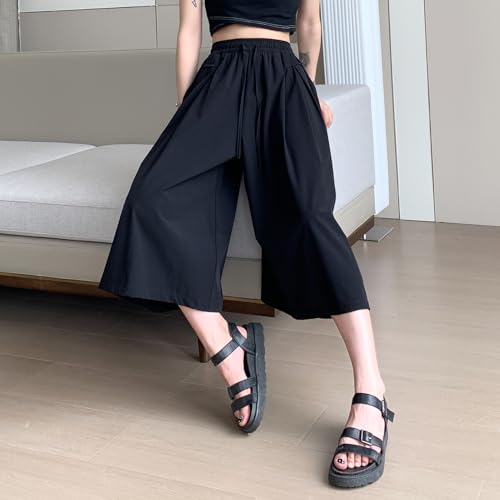 NANJUN Women's Culottes - Summer Wide Leg Palazzo Pants, High Waist with Pockets, Soft Elastic Comfortable Ice Silk Fabric.4