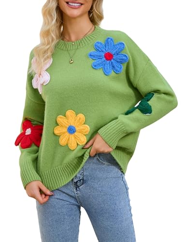 Image of Women Floral Sweater Casual Colorful Flower Knit Pullover Top