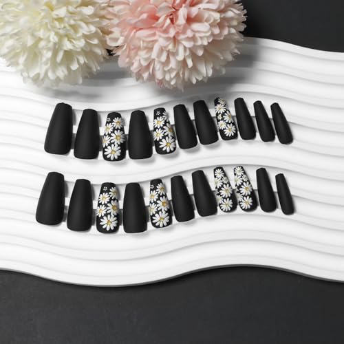 SEMATA Spring Black Acrylic Press on Nails Medium Long Square Nails Press ons Coffin Summer Glue on Fake Nail with White Daisy Designs Reusable Artificial Stick on False Nail for Women 24Pcs — view 6