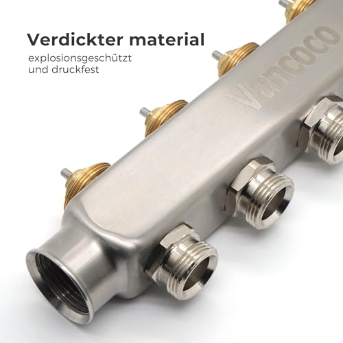 VANCOCO Heizkreisverteiler Edelstahl für 4 Heizkreise mit Eurokonus 16 × 2 mm, Fußbodenheizung Verteiler, Schnellentlüfter Set, 1\ Kugelhähne, 5 L/min Durchfluss, Durchflussmesser