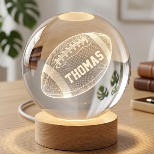 Image of Football Senior Night Gifts - Personalized American Football Crystal Ball Night Light, Custom Engraved LED Lamp with Name, Sports Fan Gift, Kids Teens Room Decor