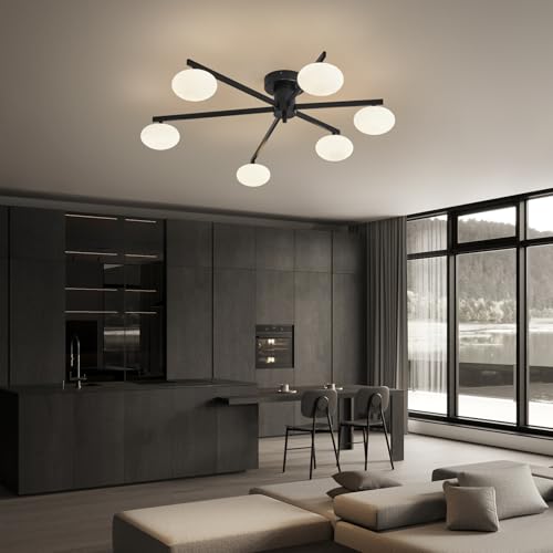 Fang Yan Mei mid Century Ceiling Light,Globe Semi Flush Mount Ceiling Light Black Sputnik 6-Lights Ceiling Lighting Modern Close to Ceiling Light for Bedroom Kitchen Dining Room - image 3