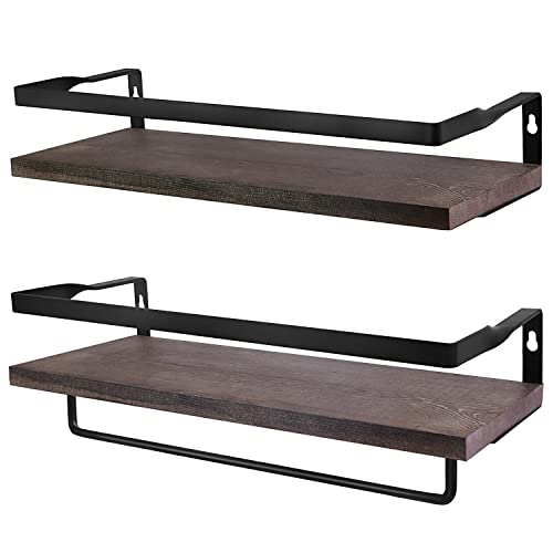 Estantes de Pared de Madera, Estantes Flotantes de Pared con Toalleros y Rieles, Estanterias Almacenaje de Pared Decoración para Cocina, Baño, Dormitorio, Sala de Estar- Marrón