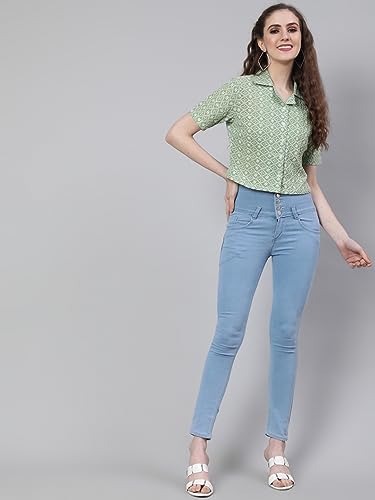 Image of Sea Green Floral Embroidered Cotton Shirt Style Crop Top