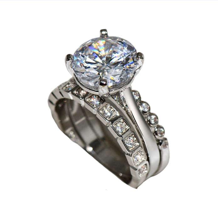 925 Sterling Silver Diamond Ring Electroplated True Gold Zircon Diamond Ring Women's Wedding Ring Set 3 Combination Ring Mosang Stone Three Piece Set Size 9