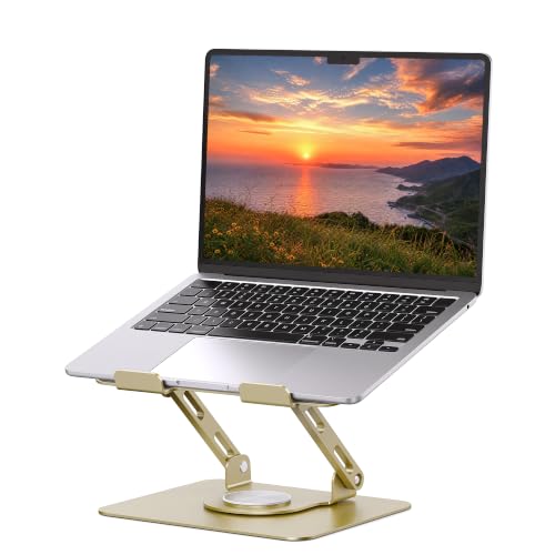 Image of SOUNDANCE 360 Rotating Laptop Stand, Ergonomic Computer Riser for Desk, Adjustable Height Multi-Angle Metal Holder, Foldable Portable Notebook Elevating Base for Office & Home, Gold