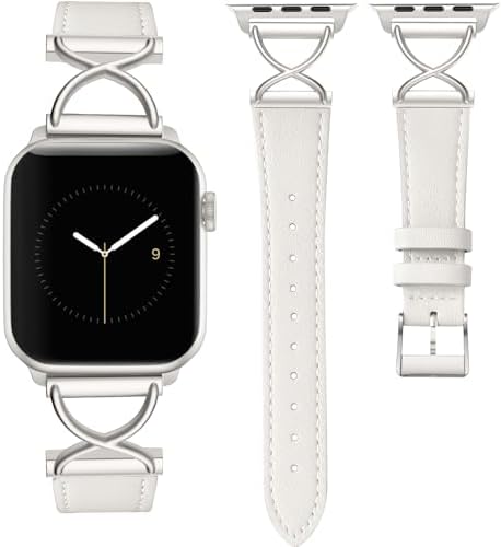 Omnillert Band Compatible with Apple Watch Bands 41mm 40mm 38mm 44mm 45mm 42mm 49mm Women, Slim Thin Genuine Leather Classic Strap with X-Shape Metal for iWatch Bands Series 9 8 7 6 5 4 3 2 1 SE Ultra