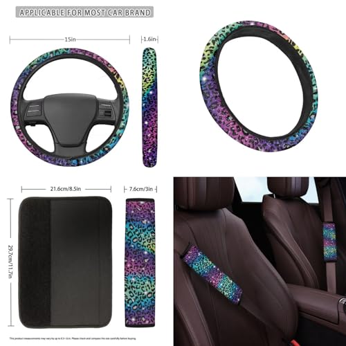 Gomyblomy 10 Pcs Rainbow Leopard Car Seat Covers Full Set Colorful Cheetah Front Rear Seat Covers Steering Wheel Cover Seat Belt Shoulder Cover Coasters Trash Bags for Women - Thumbnail 3