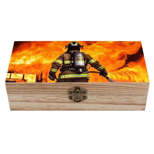 FekiLoot Firefighter Fireman Flame Wooden Storage Box Large Vintage Wood Box with Lid Exquisite Crafts DIY Storage Jewelry Box for Art Stash Keepsake Wooden Gift Boxes
