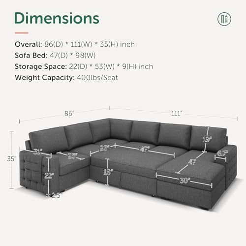 Image of HONBAY Sectional Sleeper Sofa with Pull Out Bed U-Shape Sectional Couch Sleeper Bed with Storage Chaise 6 Seater Sleeper Sectional Sofa, Light Grey