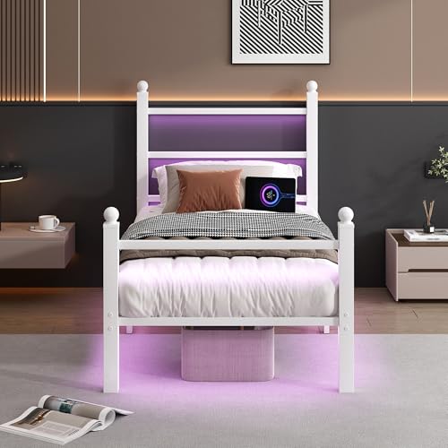 CLIBFENG Twin Bed Frame with Headboard and Footboard,Steel Slats Support-LED Bed Frame with USB Charging Station,Mattress Foundation-Under Bed Storage,No Box Spring Needed,Noise Free,White