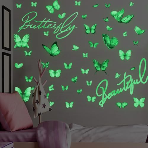 SUPERDANT Butterfly Luminous Wall Stickers Butterflies Glow in The Dark Wall Decal Luminous Fluorescent Stickers Glowing Wall Sticker for Nursery Girl's Bedroom Ceiling Wall Art 31x26cm 4PCS