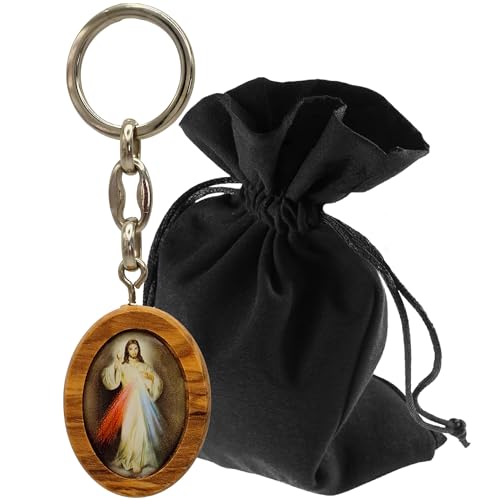 Lunexus Llavero con imagen de Jesús Misericordioso, madera de olivo, bendecida, regalo para cristianos y peregrinos, decoración religiosa para coche, comunión y confirmación, madera de olivo, 10 cm