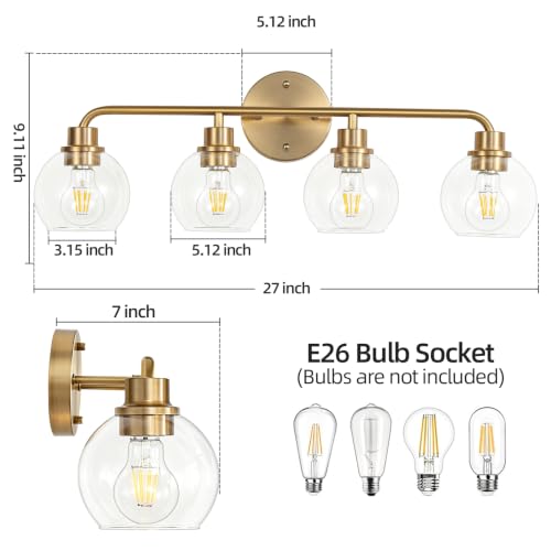 Image of Bathroom Light Fixtures Gold Vanity Light 4 Light Brushed Brass | Wall Sconces Lighting with Clear Globe Glass Shades Bath Wall Lamp for Mirror Kitchen Living Room Bedroom Hallway 27 Inch