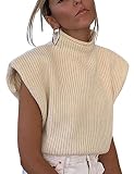 Hooever Women's Knitted Shoulder Pads Sweater Vest Turtleneck Sleeveless Tank Tops (Beige-M)
