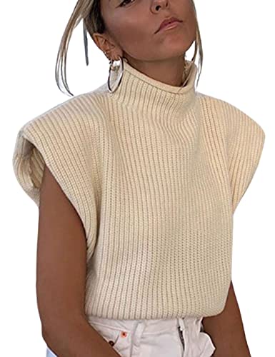 Hooever Women's Knitted Shoulder Pads Sweater Vest Turtleneck Sleeveless Tank Tops (Beige-M) #TOP9