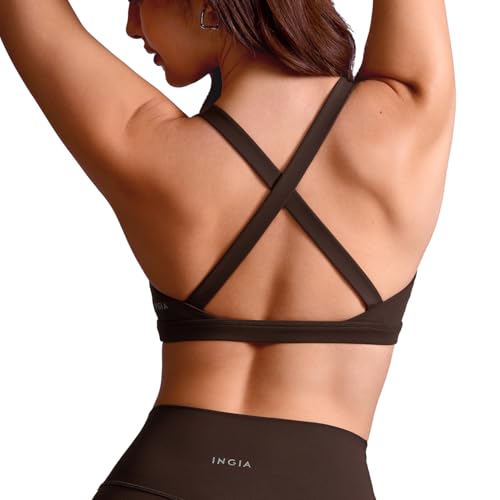INGIA Womens Square Neck Sports Bra Strappy Criss Cross Wide Straps Workout Padded Cami Yoga Bra Gym Pilates Top Hot Fudge Brown Small