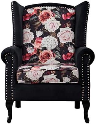 Winged Velvet Floral Accent Chair, Button Tufted Armchair, Wingback Club Chair, Living Room Chair, Comfy Reading Chair, Comfy Upholstered for Reading Living Room Bedroom Office(Flower+Black)