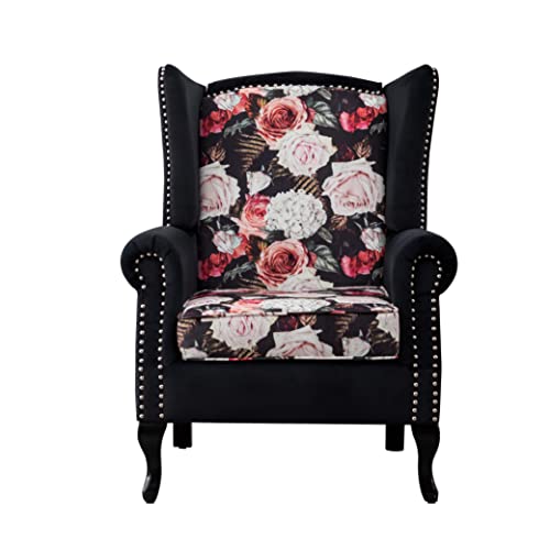 Winged Velvet Floral Accent Chair, Button Tufted Armchair, Wingback Club Chair, Living Room Chair, Comfy Reading Chair, Comfy Upholstered For Reading Living Room Bedroom Office(Flower+Black) #TOP13