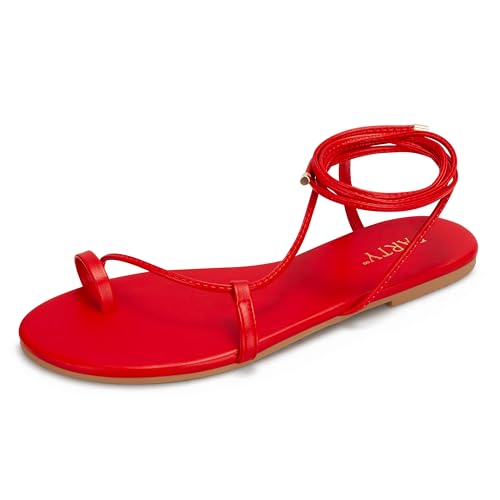 PARTY Sandalias de tiras para mujer, con cordones, planas, con lazos, chanclas envolventes, Rojo -, 38.5 EU